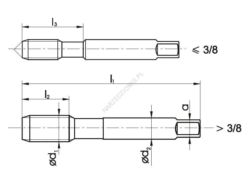 Rysunek techniczny: Gwintownik maszynowy ogólnego przeznaczenia DIN 2181/1 UNF/1 1/2" 20zw. 2B HSS
